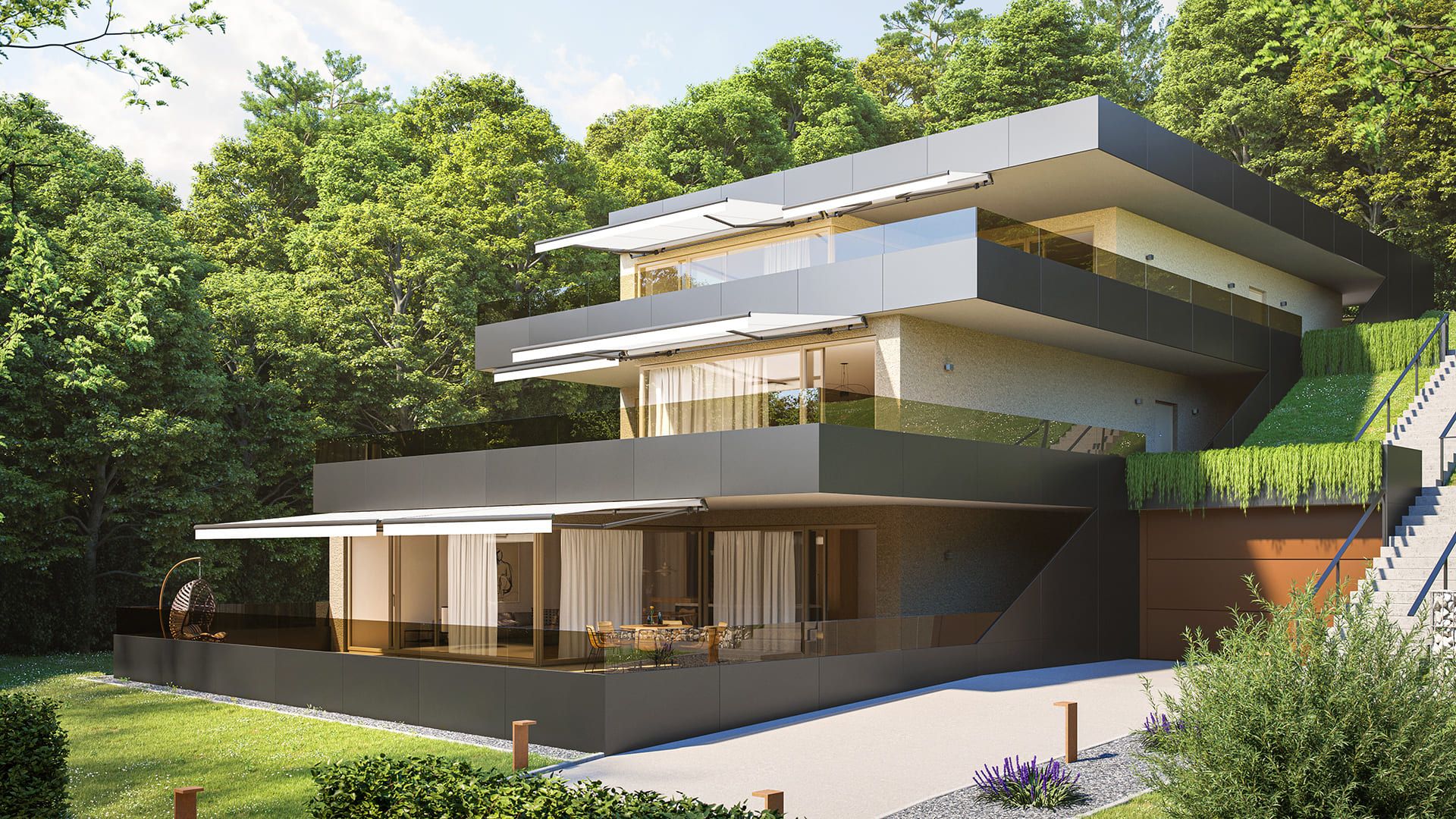 Eine Luxus Villa in grau mit Terrassenüberdachung und einem grünen Garten