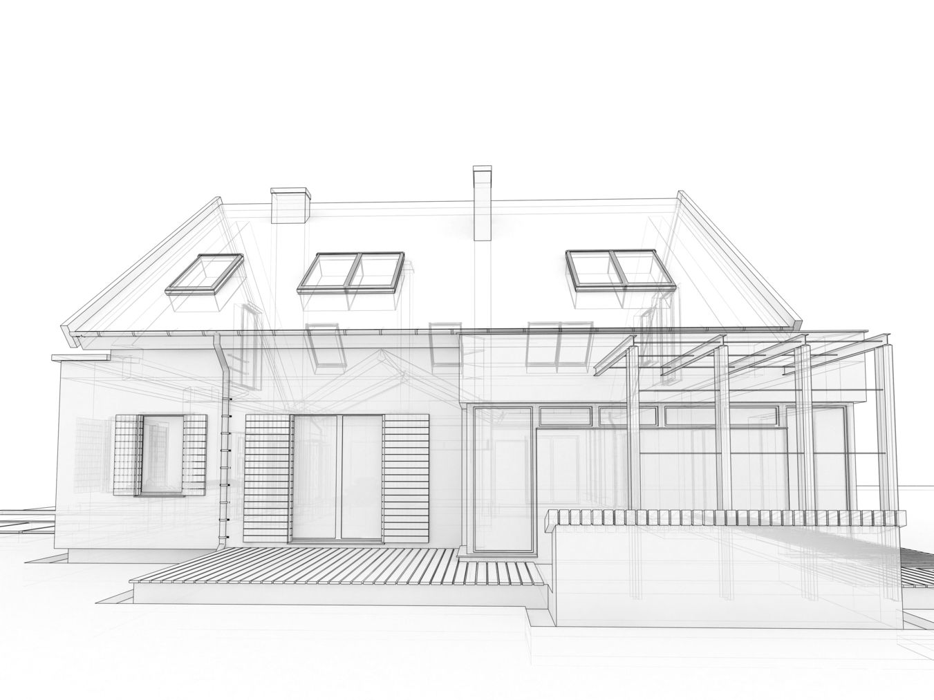 Eine Zeichnung eines Hauses mit einer Terrassenüberdachung
