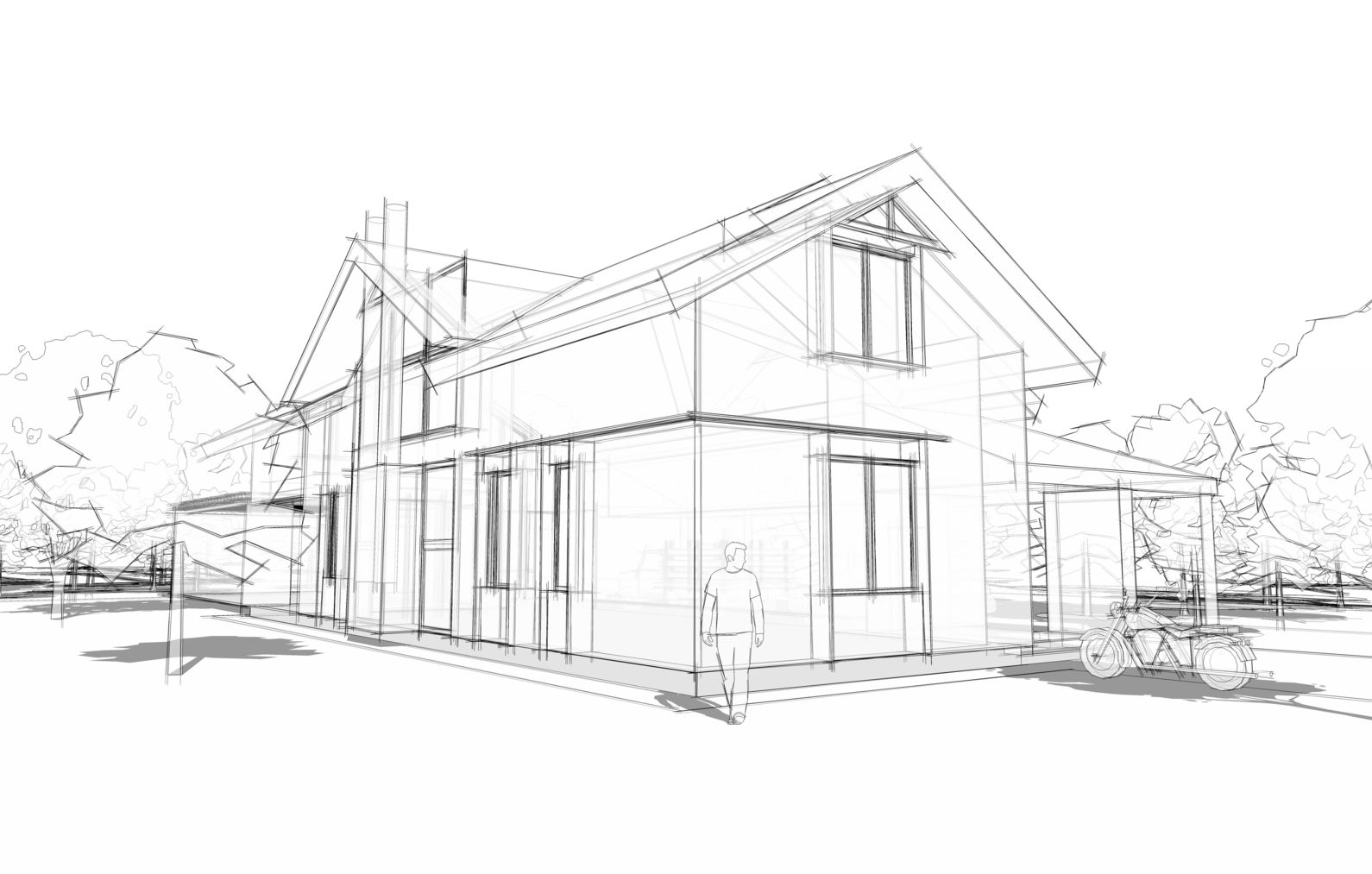 Eine Zeichnung eines Hauses mit Terrasse und Überdachung